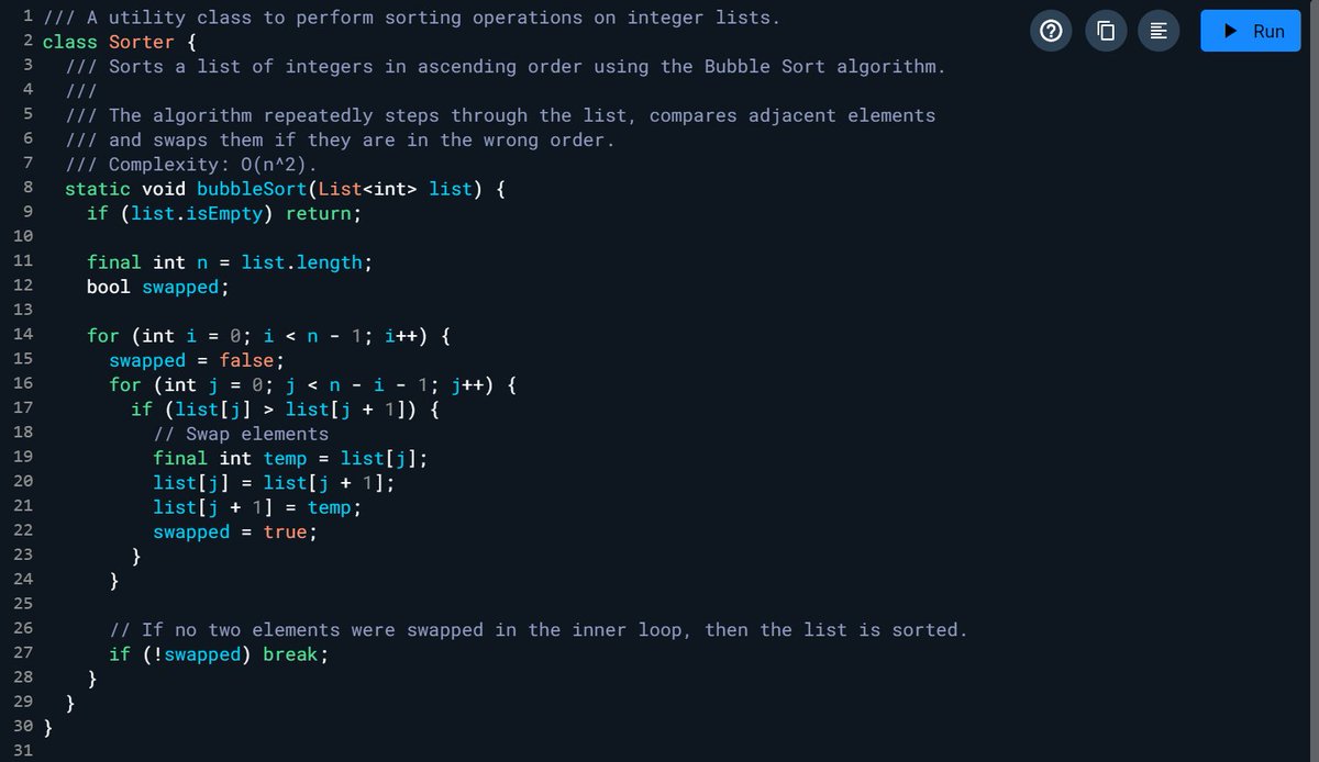 CelestialFunny's tweet photo. Visualize the bubble sort algorithm - the most classic sorting mechanism in programming - with Dart programming.

What language is Dart most similar to? What other sorting algorithm do you like the most? Let me know in the comments.

#programming #Code #Coding #sorted #sorting #algorithm #mechanism #Dart #Language #software