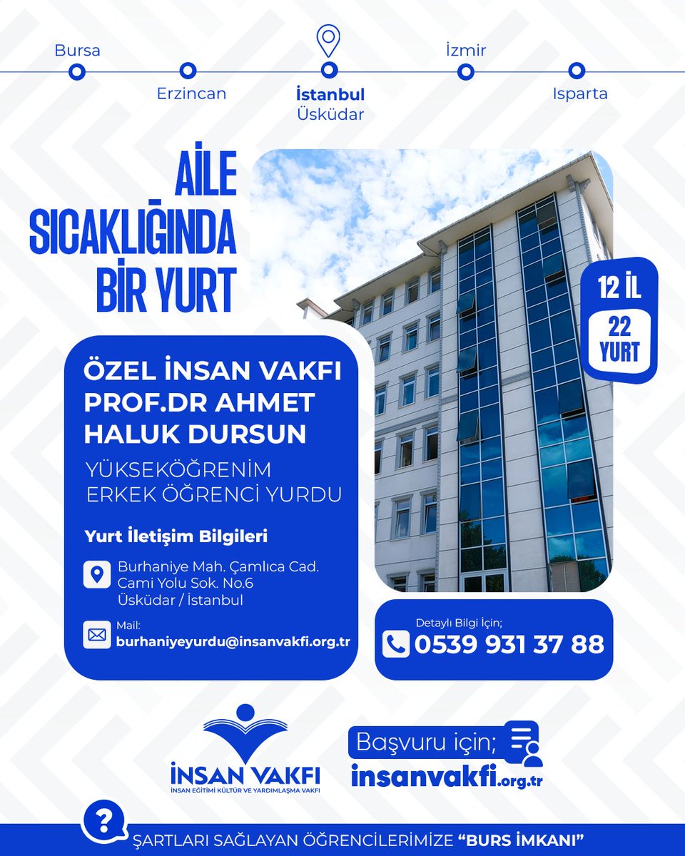 insanvakfi's tweet photo. 📌 İnsan Vakfı, güvenilirlik ve şeffaflık ilkesiyle sürdürdüğü vakıf tecrübesi sayesinde ülkemizin 12 ilinde açtığı 22 farklı öğrenci yurduyla hizmet vermeye devam ediyor.

📌 Temiz, düzenli, konforlu ve güvenli bir konaklama ile gezilerden seminerlere kadar pek çok faaliyetimizle öğrencilerimizin yanındayız.

✨ Özel İnsan Vakfı Prof. Dr. Ahmet Haluk Dursun Yükseköğretim Erkek Öğrenci Yurdu
✨ Özel Medeniyet Yükseköğretim Erkek Öğrenci Yurdu
✨ Özel İnsan Vakfı Ramazan Karaalp Yükseköğretim Kız Öğrenci Yurdu
✨ Özel İnsan Vakfı Erzincan Yükseköğretim Kız Öğrenci Yurdu
 
Tercihiniz İnsan Vakfı Öğrenci Yurtları ✅

Bilgi ve kayıt için;
🌐 https://t.co/jzRiHdUAXq
📞 0212 534 41 61