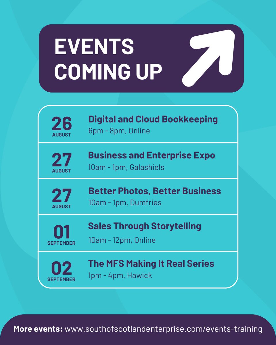 SoSEnterprise's tweet photo. 📆 Events coming up!

From marketing to networking, we've got online and in-person sessions to help your business grow 🚀

Book your place now ⬇️
https://t.co/n5EB2VmCfo https://t.co/wwtMebYkiO