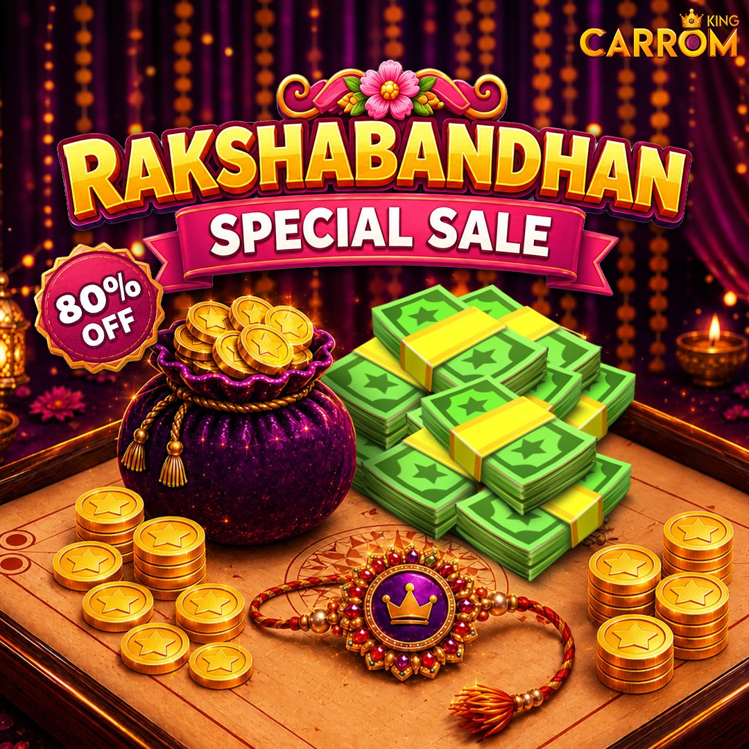 CarromKing's tweet photo. Celebrate Raksha Bandhan with a winning deal! 🪔
Get a massive 80% OFF on Cash & Coins in #CarromKing! 💰
#RakshaBandhan #SpecialSale #FestiveOffer #Carrom https://t.co/Qxa7qZCL56