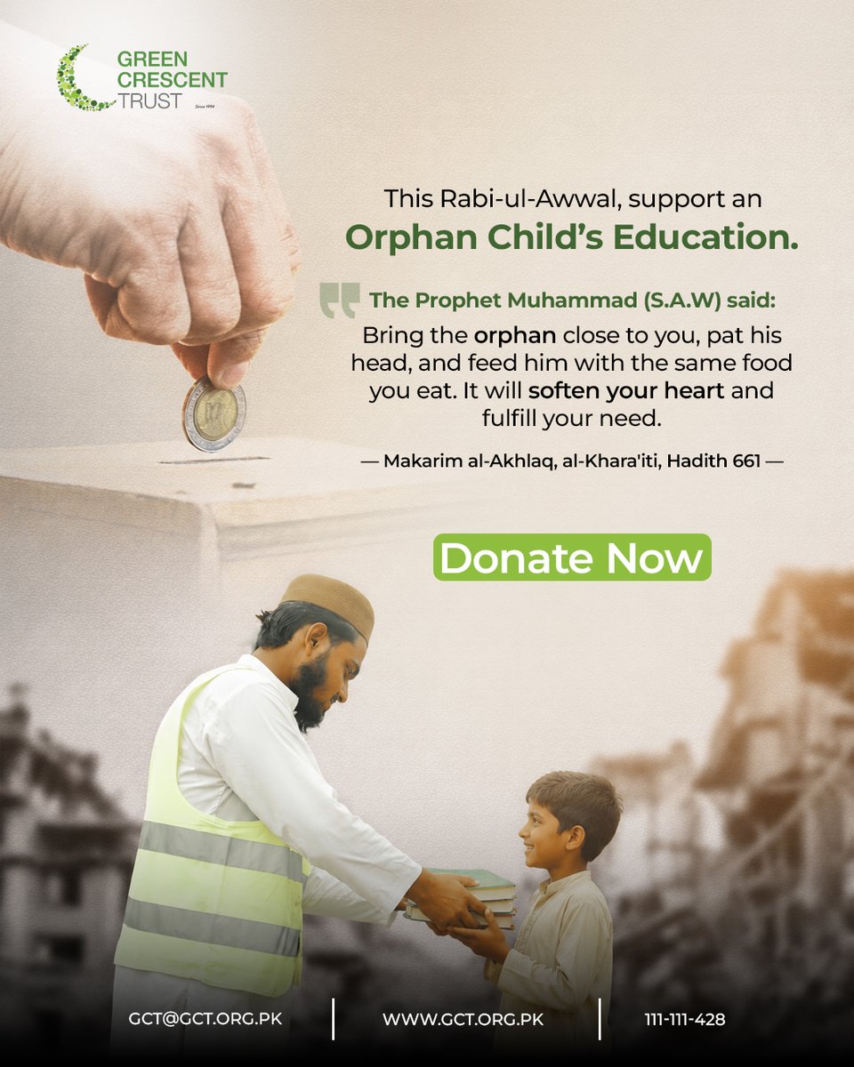 gctorg's tweet photo. Kindness toward an orphan is more than an act of giving - it is an expression of compassion that touches both lives and hearts.
This Rabi-ul-Awwal, share your blessings by supporting the education and well-being of an orphan child through GCT.
Donate:  https://t.co/j2gwmBIht1 https://t.co/mxO7mVM740