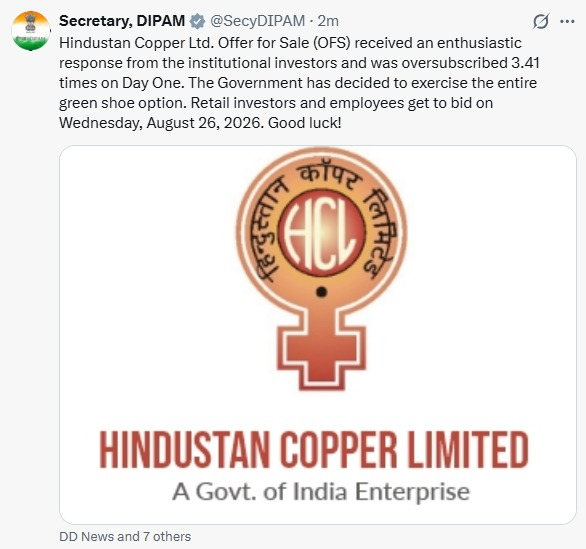 CNBCTV18Live's tweet photo. #JustIn | OFS In #HindustaCopper;

#DIPAM Secy Says, #OFS In Co Was Oversubscribed 3.41 Times On Day 1 &amp; Govt Has Decided To Exercise Entire #GreenShoe Option https://t.co/25KxpfK3wM