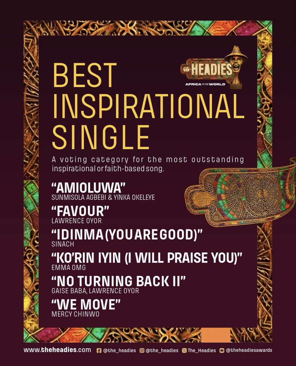 AlbumTalksHQ's tweet photo. 2026 HEADIES AWARDS 🏆 

BEST INSPIRATIONAL SINGLE NOMINEES

SJNMISOLA AGBEBI & YINKA OKELEYE — AMIOLUWA
FAVOUR — LAWRENCE OYOR
SINACH — IDINMA (YOUAREGOOD) 
EMMA OMG — KO'RIN IYIN (I WILL PRAISE YOU)
GAISE BABA & LAWRENCE OYOR — NO TURNING BACK II
MERCY CHINWO — WE MOVE

WHO GETS YOUR VOTE? 🤔