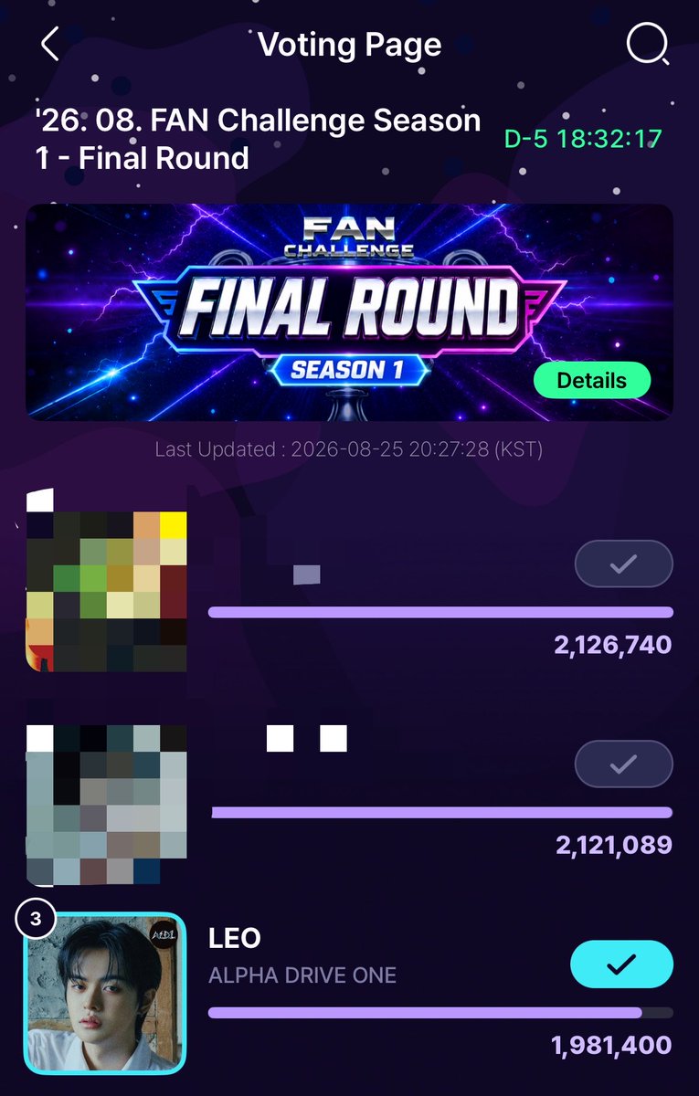 LEOINTLVOTING's tweet photo. [📢 — #LEELEO FANDORA APP VOTING REMINDER]

📊 Fan Challenge Season 1 - Final Round 

Current rank: 🥉
📆: 31st of August (3PM KST)

#LEO #리오 #이리오 #リオ #李理 #ALPHADRIVEONE #ALD1  #알파드라이브원 https://t.co/D1OV9k7iwd