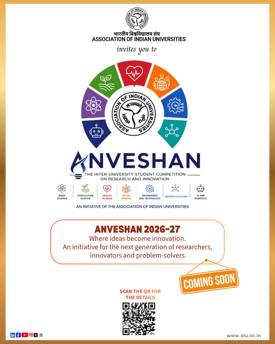 AIUIndia's tweet photo. Something exciting is on the horizon! 🔬💡
The Association of Indian Universities invites you to be part of ANVESHAN 2026–27 — where curiosity meets research and ideas meet innovation.

Are you ready to explore, discover &amp; innovate?

@profvinaypathak 
#Anveshan2026 #AIU https://t.co/LriNU94wnI
