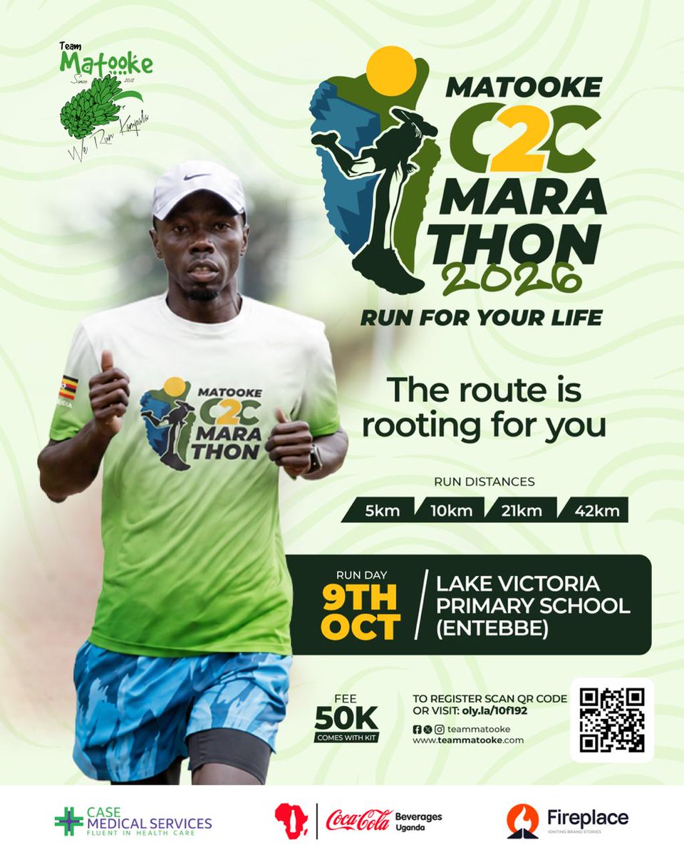 teammatooke's tweet photo. Registration Link: https://t.co/SOxzJ0CzaY

When the road feels longer and your legs grow heavy, remember that the ground beneath you isn't an obstacle. It is the foundation that keeps you moving. The distance you chose is already waiting for your finish.

Every turn exists to guide you forward. Trust your steady rhythm. Your heart and your feet know exactly what to do.

Breathe through the miles. There is no need to rush the journey. The path is already yours from start to finish. @CocaColaBevUg @casemedservices @FireplaceAgency #MatookeC2CMarathon #KampalaToEntebbe