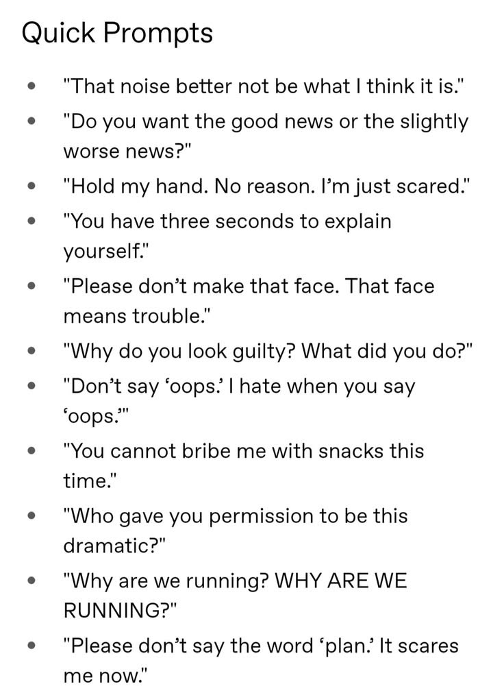 daerlatte's tweet photo. // Any mutuals interested in writing short, goofy plot(s) with one of these prompts? Feel free to reply with a line of your choice, who says it, and proximity level from 0-3. I'll make the starter. https://t.co/m8CU8R0h6x