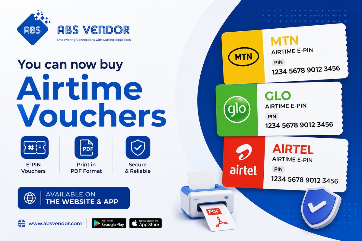 AbsVendor's tweet photo. Airtime vouchers just got easier.

Buy MTN, Glo &amp; Airtel E-PIN vouchers directly from ABS Vendor, then download and print your voucher in PDF format.

Available on the website &amp; app.

https://t.co/qk22E6HNex https://t.co/znuzfjhl3Y