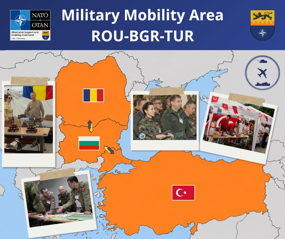 JsecNato's tweet photo. Military Mobility Area Spotlight: ROU–BGR–TUR 🇷🇴 🇧🇬 🇹🇷
Final report completed — marking a key milestone after several years of cooperation.
Türkiye’s leading role and sustained engagement by all three Nations.
Next step: implementation.
#MilitaryMobility #EnableDeploySustain https://t.co/oJAQTlv7Dm
