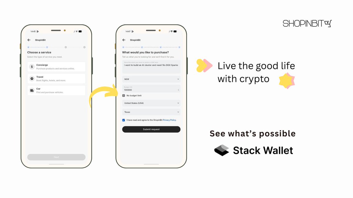 shopinbit's tweet photo. Crypto just got real-world utility.

ShopinBit is now integrated with @stack_wallet, meaning you can buy actual goods, travel, cars and services directly from your wallet.

No vouchers. No cards. Freedom to order what you really want. https://t.co/eZTPqVXEk7