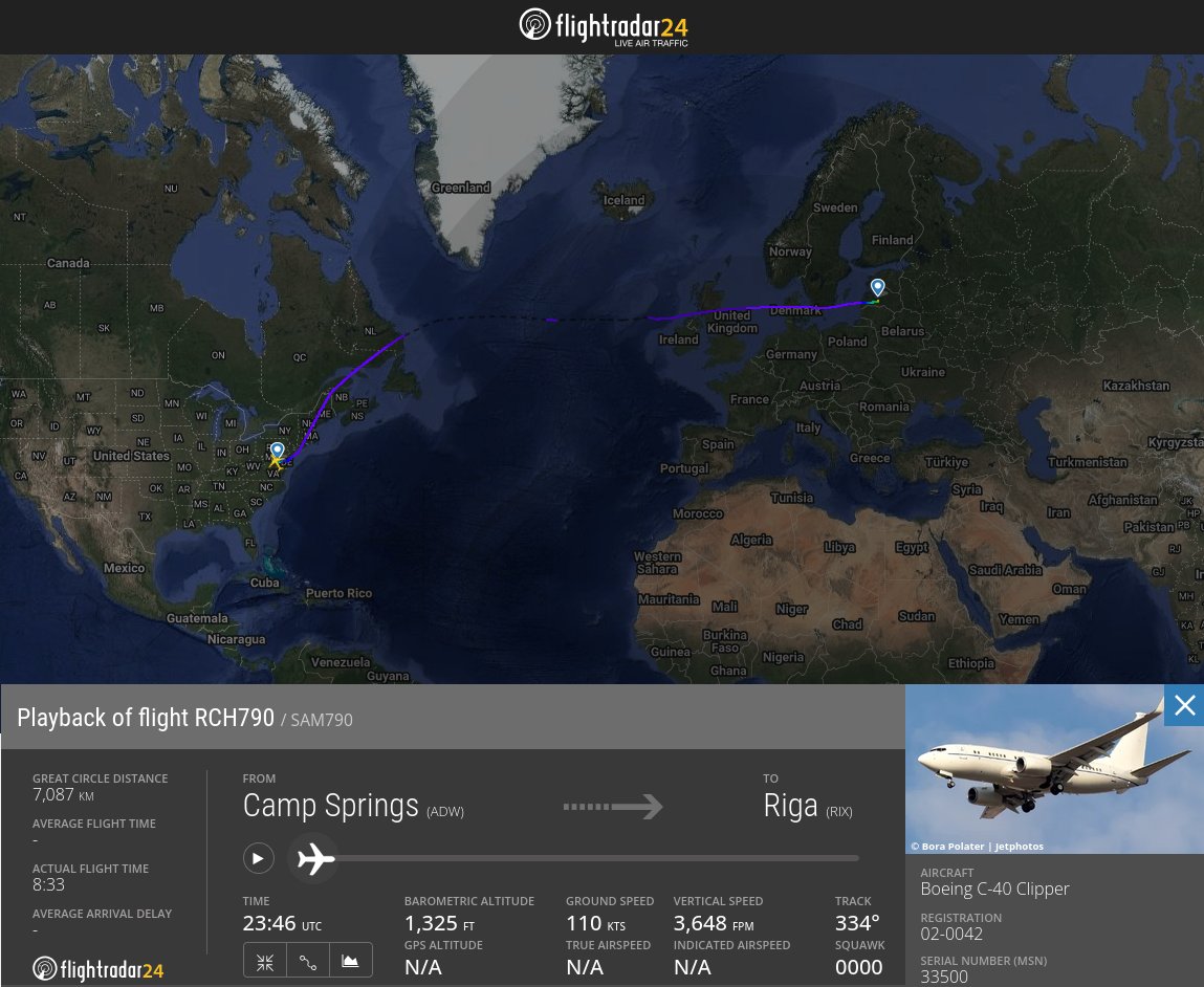 sentdefender's tweet photo. An observer in Riga, Latvia reported a white aircraft, likely a U.S. Air Force C-40B, parked near the C-17A Globemaster III that arrived in Moscow earlier this morning.

Notably, on the same day the C-17 departed Joint Base Andrews, a C-40B operating under callsign RCH790 also departed Andrews and arrived in Riga.

The C-40B is operated by the 89th Airlift Wing and is used to transport senior U.S. government officials, including Cabinet level officials and senior military commanders, on official business.

Vehicles displaying diplomatic license plates were also observed near the aircraft in Riga. This suggests a senior U.S. government official may have been aboard the C-40B and could now be in Moscow, although the identities of any passengers and the purpose of the trip have not been confirmed.