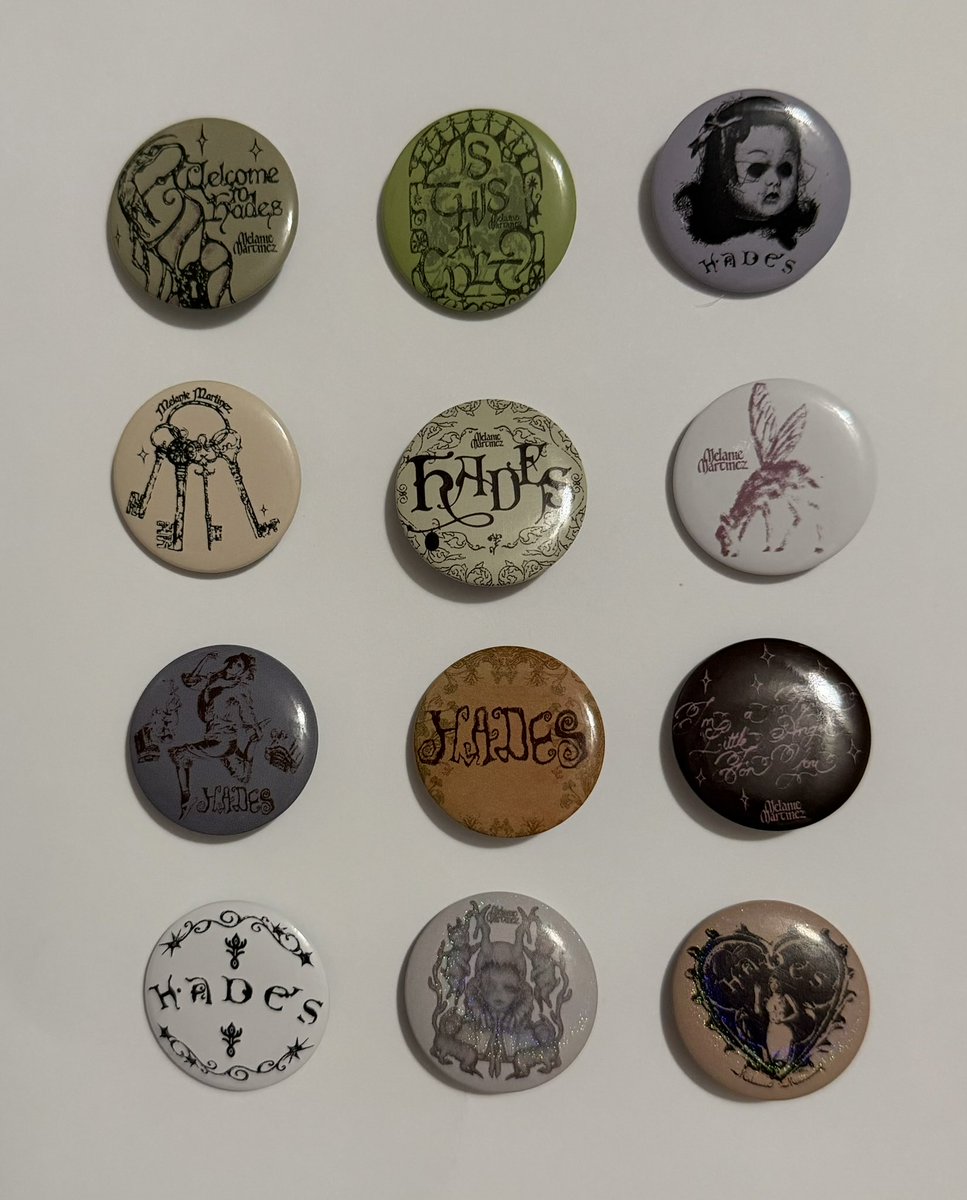 LlVlNGDECEASED's tweet photo. Closer look at all of the Melanie Martinez HADES Mystery Buttons available at Hot Topic as a blindbox with 2 buttons for $7. 🤍

They’re not available on the website yet.

📸: @sanielvr on Twitter https://t.co/v3tJGmxRz9
