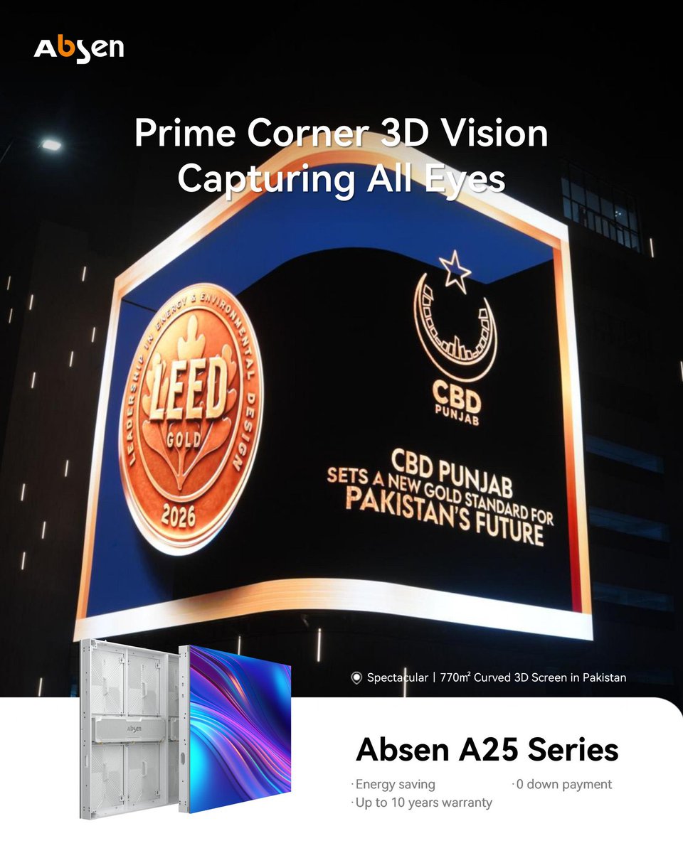 LEDAbsen's tweet photo. Pakistan’s Largest 770㎡ Outdoor LED Screen Lights Up on Independence Day!
Featuring a curved-corner anamorphic 3D design and 10,000+ nits of brightness.

#Absen #LEDDisplay #OutdoorLED #3DDisplay #DigitalLandmark #Pakistan https://t.co/iqydRu4HwZ