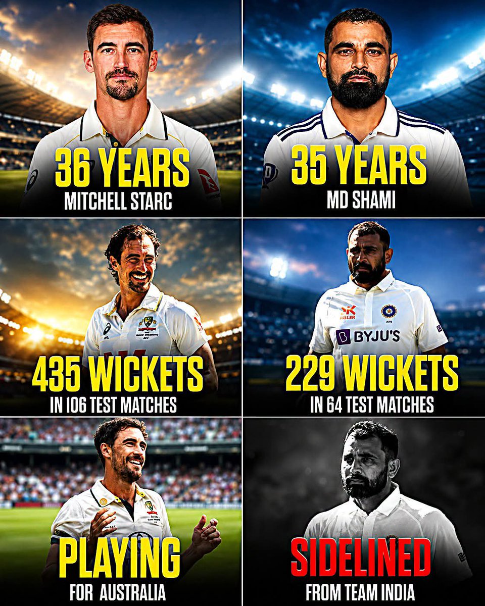 waris08039589's tweet photo. At 36, Mitchell Starc is still leading the attack for Australia, while 35-year-old Mohammed Shami continues to prove his class with an incredible Test 

#MitchellStarc #MohammedShami #TeamIndia #Cricket #TestCricket #IndianCricket #CricketFans #Australia #Shami #Starc https://t.co/K5kpkZ2esW