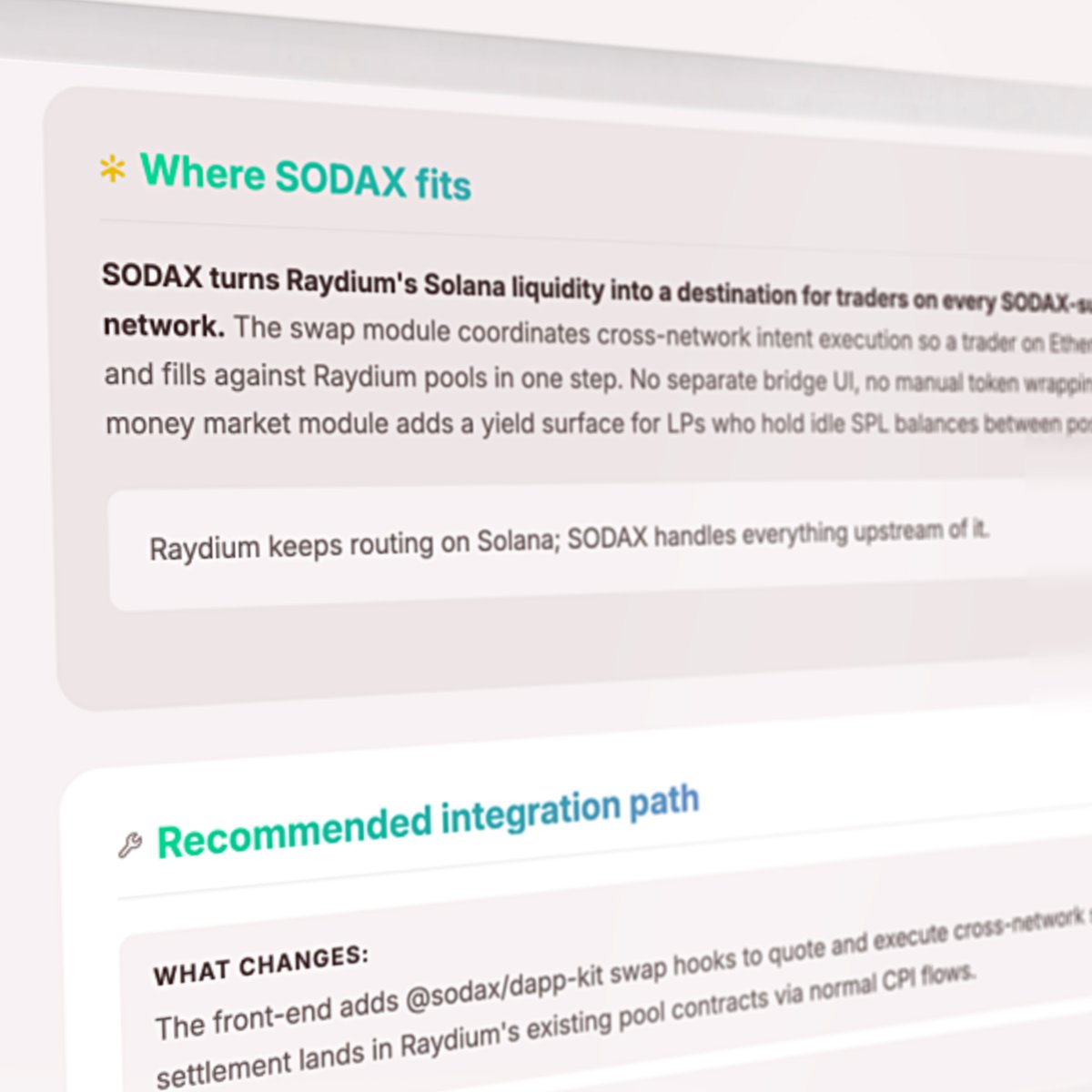 gosodax's tweet photo. Take live DeFi products to the next level.

We ran SODAX's integration generator against Raydium, an app every @Solana builder already knows, and it produced a full build plan in minutes.

See what it found below, then click to see the unlocks for your product.