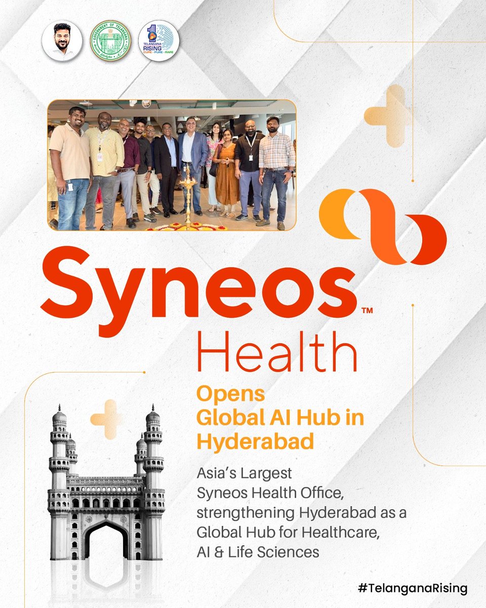 TGRising2047's tweet photo. Big win for #Telangana! Syneos Health opens a new AI Hub in Hyderabad, its largest office in Asia & 3rd largest globally. 

The hub will drive AI-powered innovation in healthcare & life sciences, reinforcing Hyderabad's status as a global hub for health-tech. 

#TelanganaRising #HyderabadTech