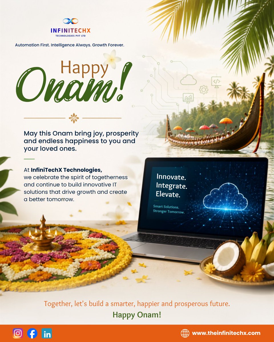 infinitech62784's tweet photo. 🌼 Happy Onam from InfiniTechX Technologies!

May this Onam bring joy, prosperity &amp; new beginnings. ✨

We believe in building a better tomorrow through innovation, collaboration &amp; technology. 💻🚀

🌿 Innovate. Integrate. Elevate.

#HappyOnam #Onam2026 #InfiniTechX https://t.co/cN5fHqkDBq