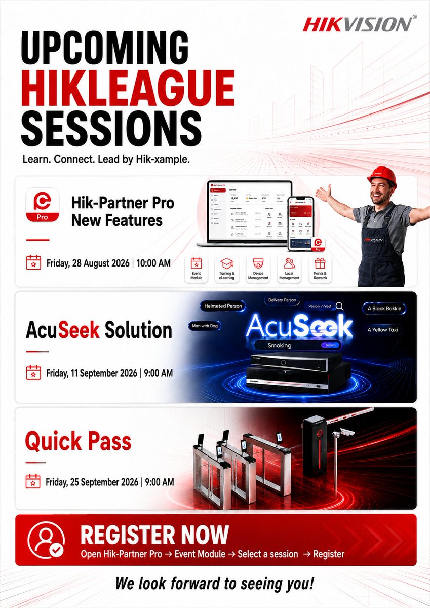 HikvisionA's tweet photo. 🚀Level up with HikLeague!🚀

Join our upcoming sessions on Hik-Partner Pro New Features, AcuSeek Solution and Quick Pass.

Register via the Event Module on Hik-Partner Pro.

#HikLeague #HikvisionSouthAfrica https://t.co/OBZtzOEewc