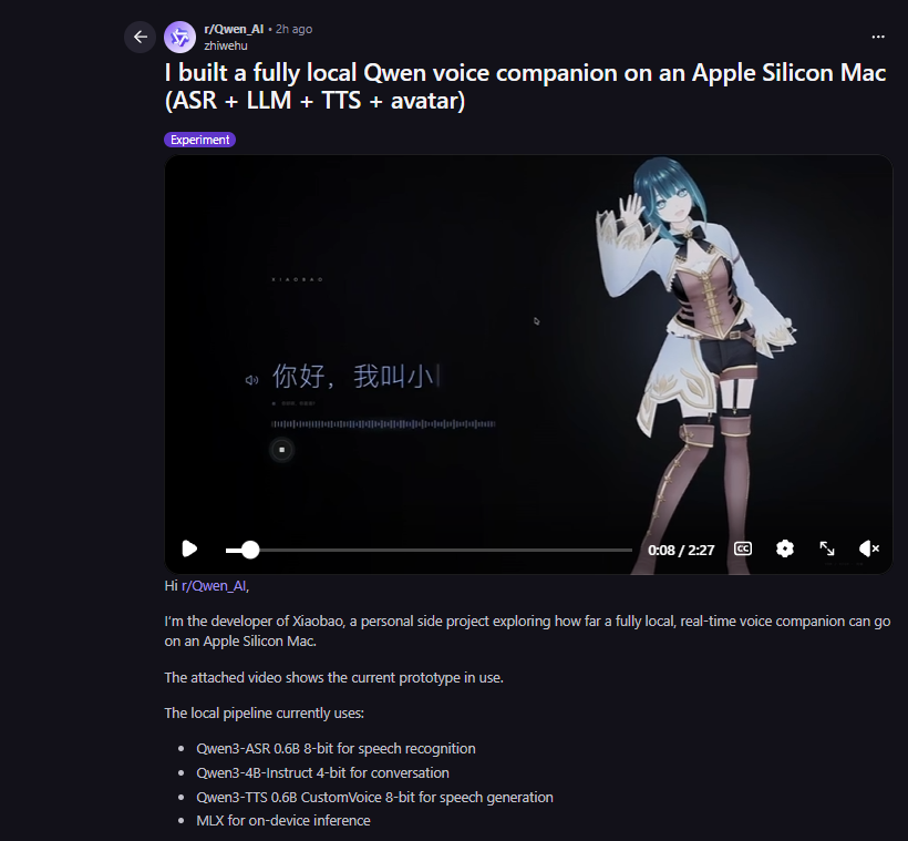 abrawlerj's tweet photo. A Stacked Dev just created a new VOICE COMPANION similar to Ani named "Qwen"

It understands your speech, generates replies, and one turns those replies into a voice. Combined with Apple’s MLX framework, they create a real-time AI companion.

Sending fees to his Git: https://t.co/wydQR9tRMZ

https://t.co/FzQxG3TCYC