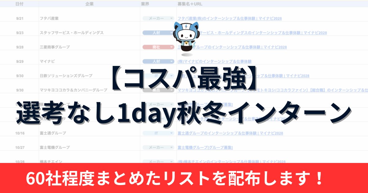 techsyu_main's tweet photo. 【コスパ最強】選考なしで参加できる1dayインターンを60社まとめました！！！！

「就活しないと」と思いつつ、なかなか時間が取れない人が多い時期だと思います😭
選考なしの1dayインターンであれば、対策なしで申し込んでその日1日参加するだけなので圧倒的に進めやすいです！👍
しかも選考なし1dayでも本選考の優遇がつく企業は意外と多いので、少し動くだけで確実に得します！🔥

とはいえ、この条件で企業を探すのは結構大変。そこでテクシュー運営部で徹底調査し60社をリスト化しました！！
応募URLも掲載しているので、リサーチ不要でこのシートからそのまま応募できます！

受け取りは⇩のサイトから受け取ってください！
https://t.co/xLOUlRzDc0
