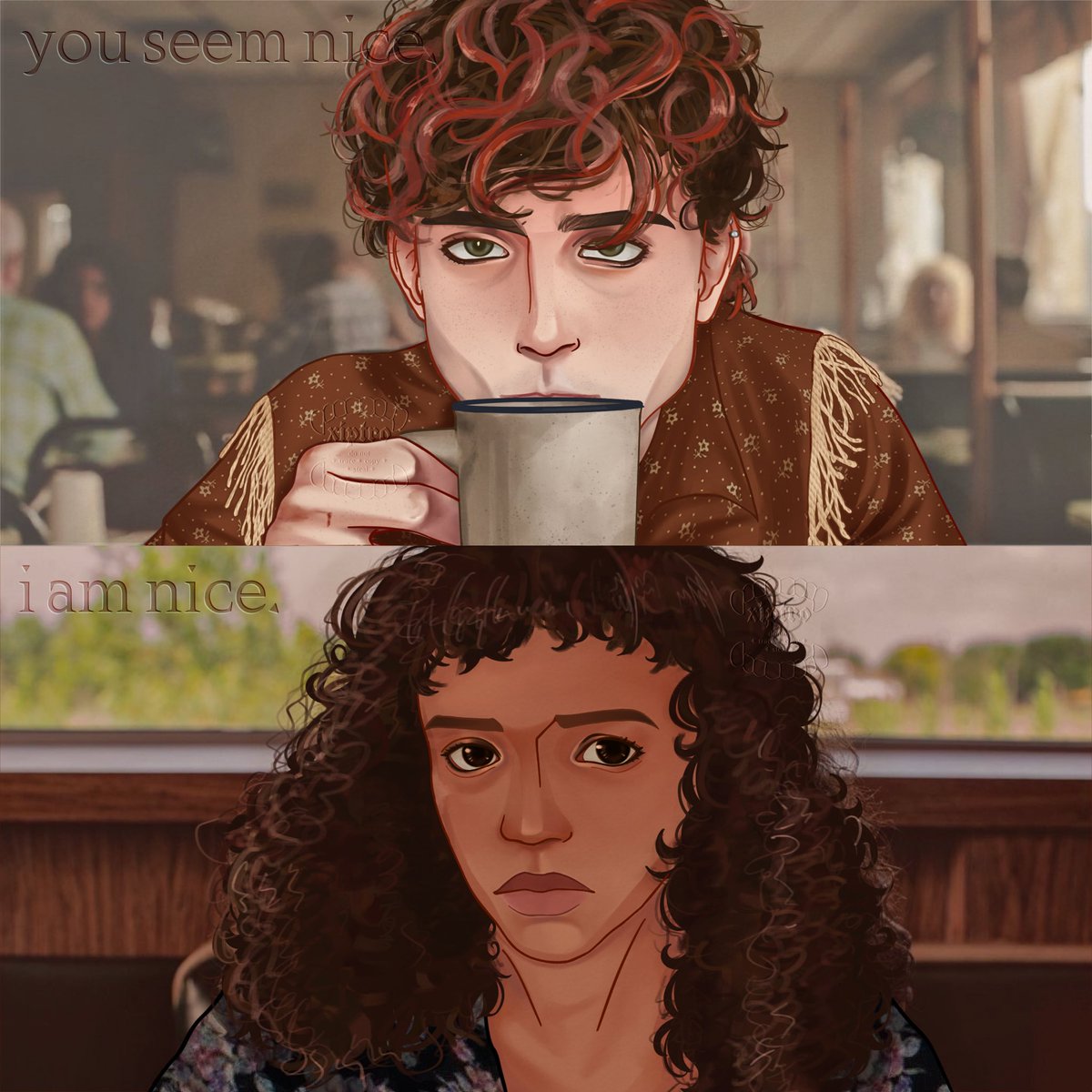 xiptro's tweet photo. BONES AND ALL
“you seem nice.”
“i am nice.”
 #bonesandall #movie #fanart https://t.co/5MVW04TW4t