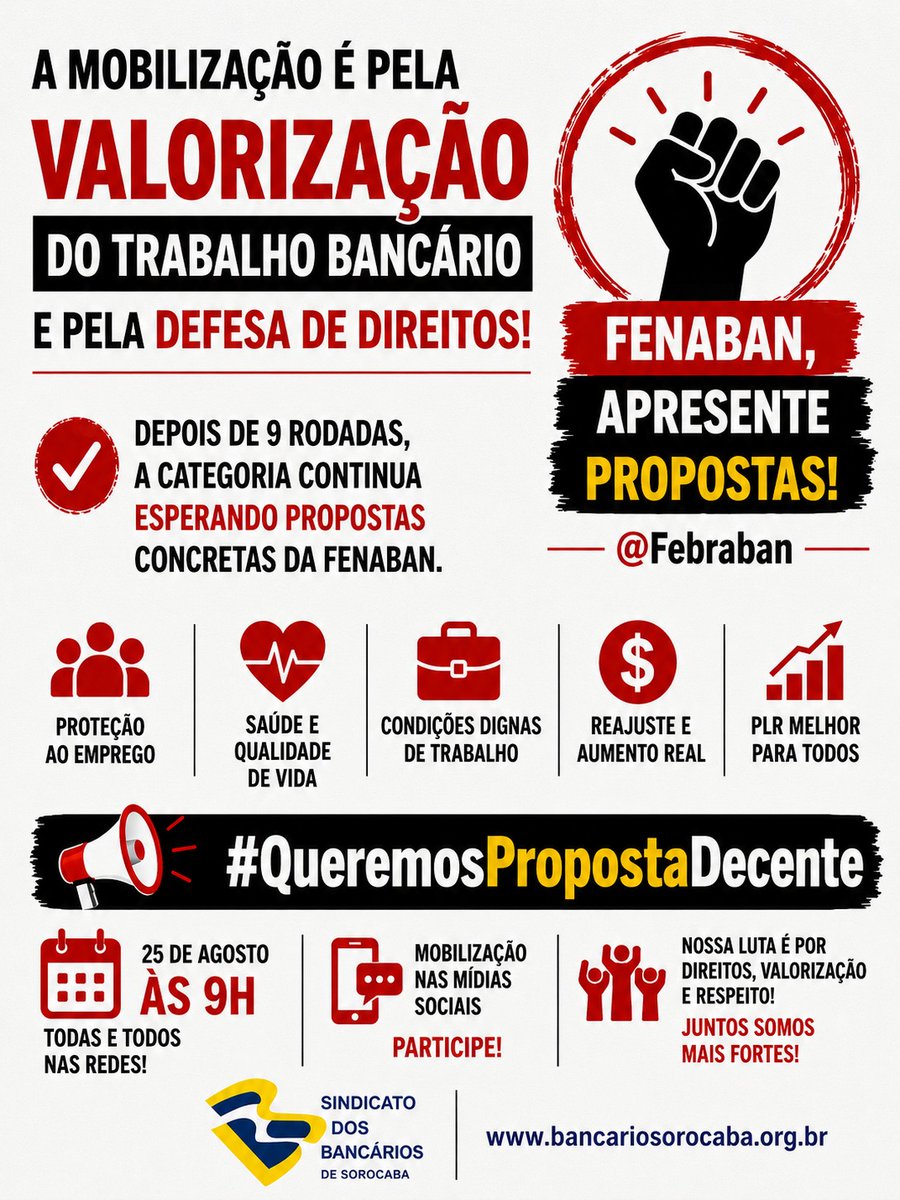 SeebSorocaba's tweet photo. A mobilização é pela valorização do trabalho bancário e pela defesa de direitos. Depois de 9 rodadas, a categoria continua esperando propostas concretas da Fenaban. Vamos cobrar juntos! @Febraban #QueremosPropostaDecente https://t.co/UU6ShJ71e3
