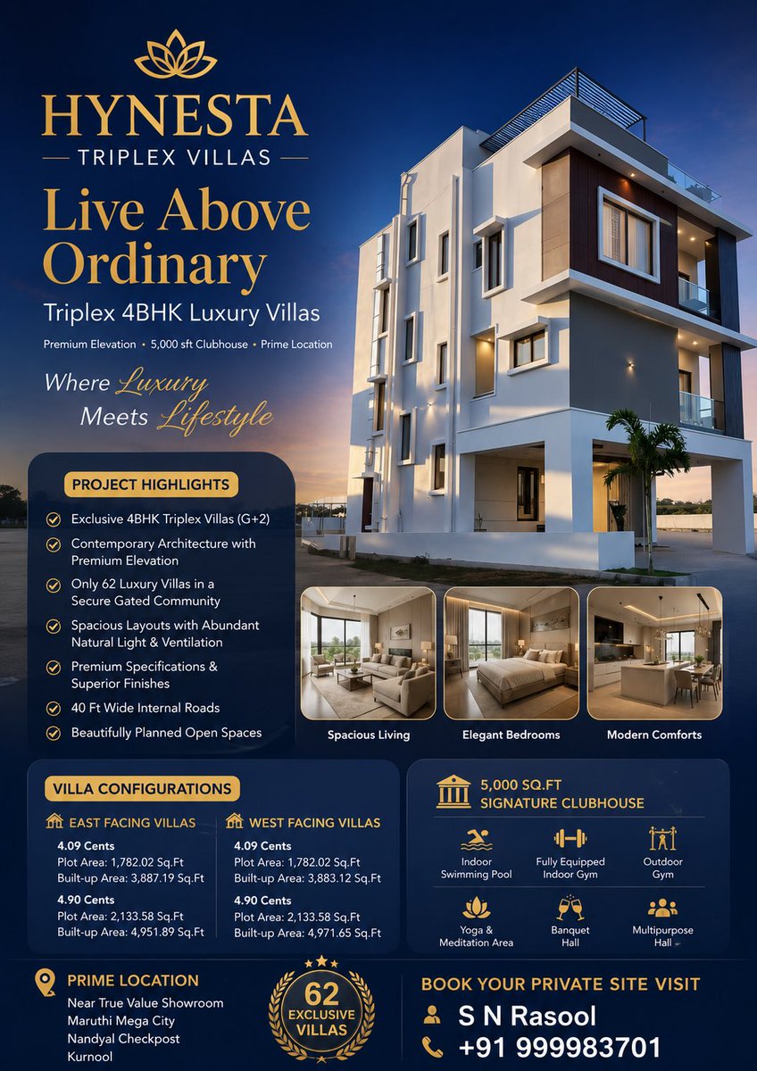 RealRayalaseema's tweet photo. 🏡 HYNESTA TRIPLEX VILLAS

Where Luxury Meets Lifestyle

✨ Premium 4BHK Triplex Villas | G+2
An exclusive gated community with only 62 luxury villas, designed for families who value space, privacy, comfort, and elegance.

🌟 PROJECT HIGHLIGHTS

✔️ Premium Contemporary Architectu https://t.co/QOJxAPV8TH