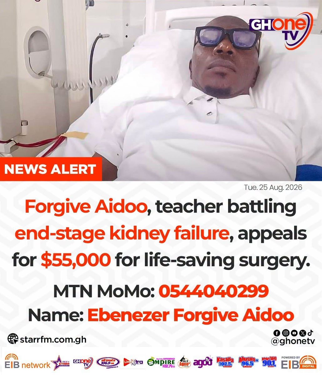 starr1035fm's tweet photo. Forgive Aidoo, teacher battling end-stage kidney failure, appeals for $55,000 for life-saving surgery...

MTN MoMo: 0544040299
Name: Ebenezer Forgive Aidoo

#EIBNetwork #StarrFM
#GHOneNews #NewsAlert https://t.co/1yneGsqXmo