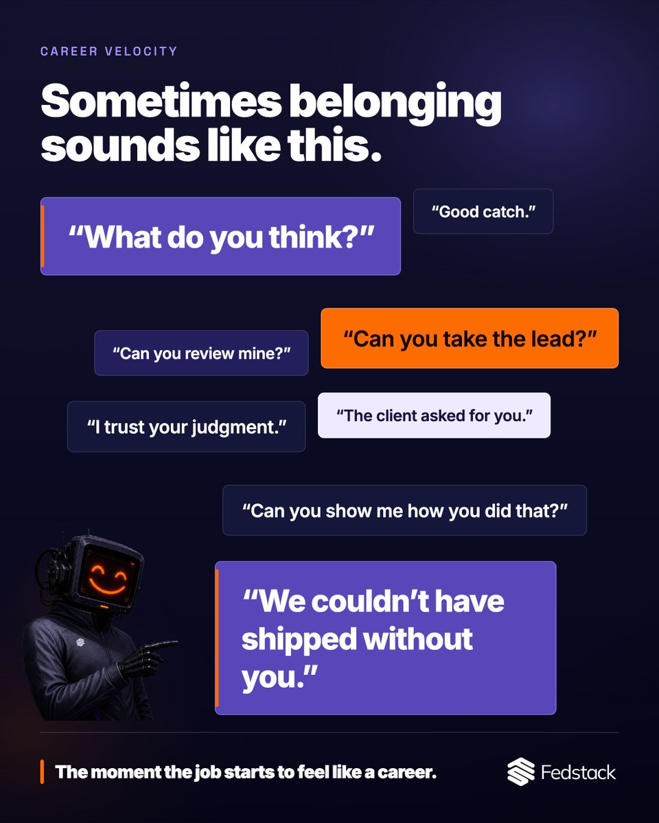 FedStack's tweet photo. Belonging rarely arrives with a certificate. It happens when someone asks what you think. Trusts you to lead. Relies on your judgment.

See how Fedstack develops software engineers for work where their judgment matters at scale: https://t.co/78dNbkb3di

#Fedstack https://t.co/H3pWXhngll