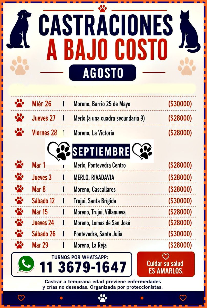 masxmasPA63's tweet photo. MERLO-MORENO: Campañas castración BAJO COSTO. Pedí turno: nombre y apellido; Perro/a? Gato/a? Mayor de 5 meses. SOLO mensaje escrito por WHATSAPP. NO ACEPTA LLAMADOS NI AUDIOS. Responde TODOS los MENSAJES. ACLARÁ QUÉ CAMPAÑA ELEGÍS. Gracias por difundir. https://t.co/fELXy30mX5