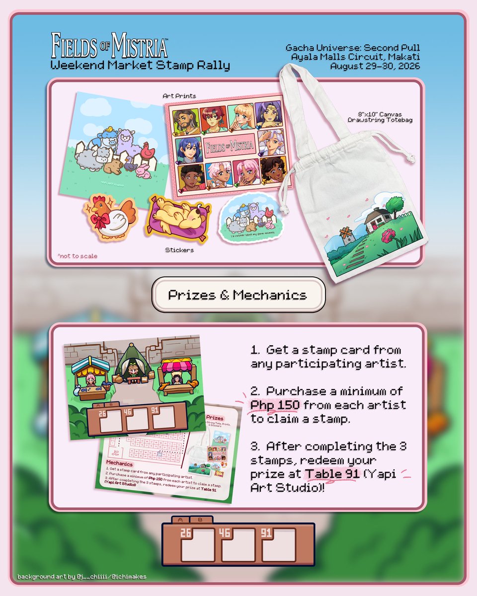 yapiart_studio's tweet photo. Are you ready to spend your day (and money 💸) at the Weekend Market? ✨

Join our Fields of Mistria Weekend Market Stamp Rally! 🌱💖

Step into Mistria, shop cute art, collect stamps, and earn an exclusive prize! https://t.co/M5krZiYF2b