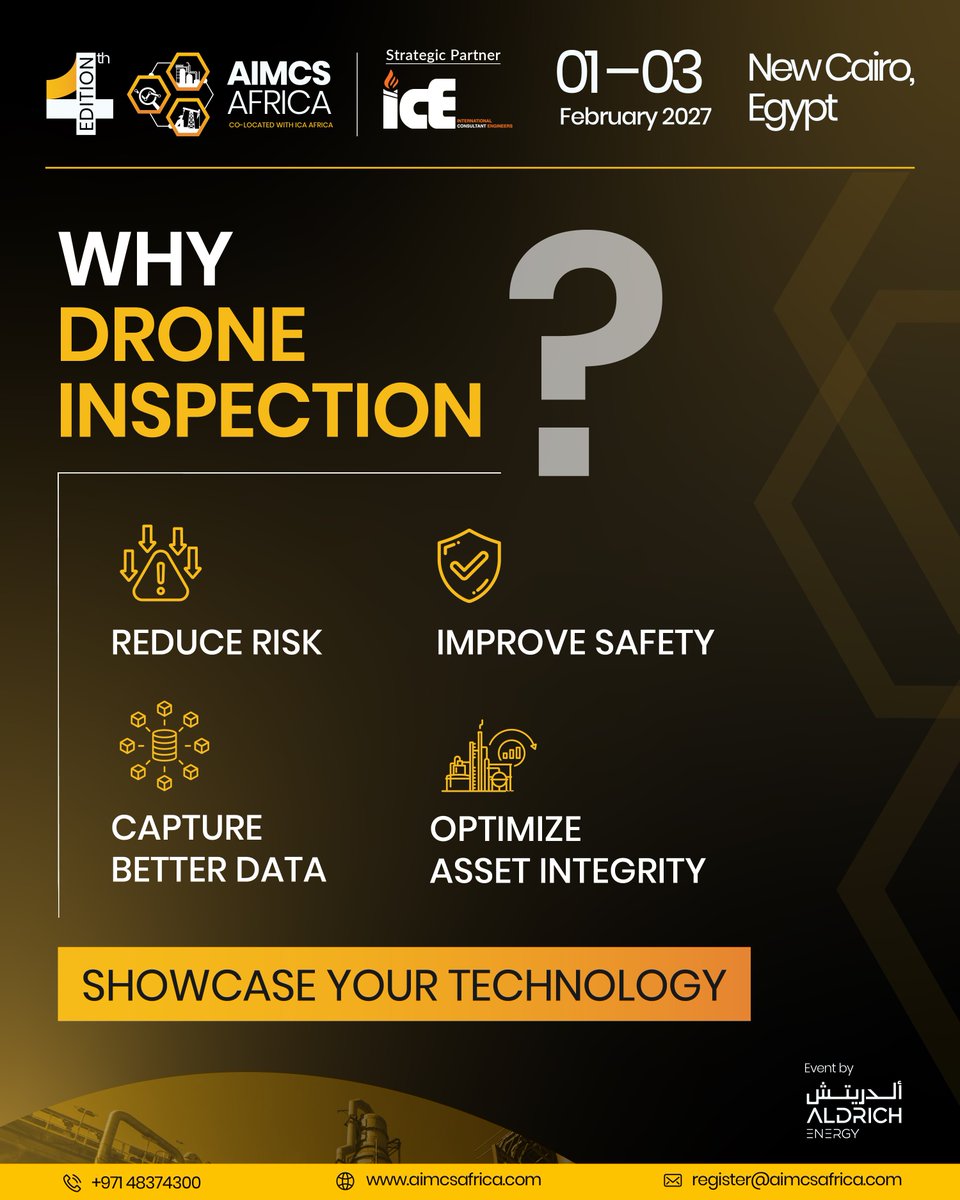 AIMCSAFRICA's tweet photo. Transform asset inspections with drone technology.

Showcase your solutions at #AIMCSAfrica2027.

📅 1–3 Feb | New Cairo
🔗 https://t.co/7tqtNDSANn https://t.co/6extlWvIm9