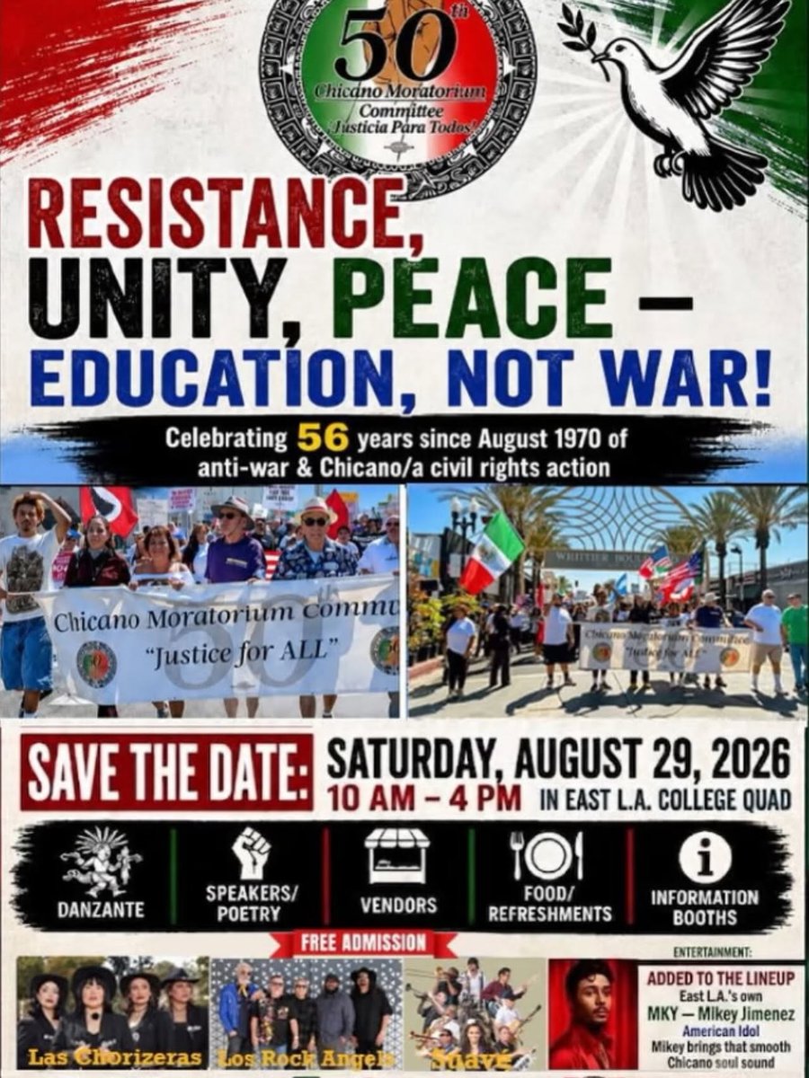 EastLACollege's tweet photo. The 50th Chicano Moratorium Committee will observe the 56th Anniversary of the Chicano Moratorium from 10 am to 4 pm, Saturday, August 29, at the #ELAC Quad. The free community event will feature speakers, poetry, music, dancers, vendors, food/refreshments and information booths. https://t.co/zRBQxv815a