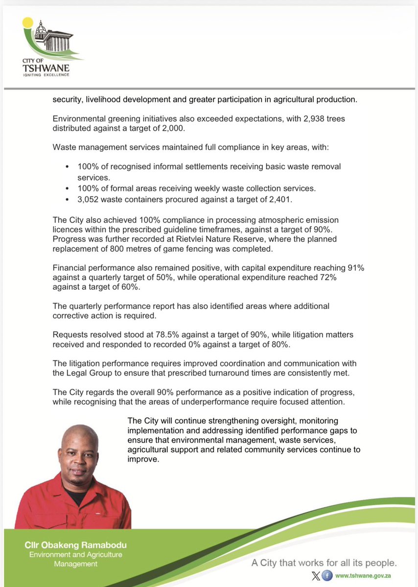 nasiphim's tweet photo. City of Tshwane records 90% performance in the Department of Environment and Agriculture. @RamaboduObakeng @CityTshwane https://t.co/JYq95qgLYH