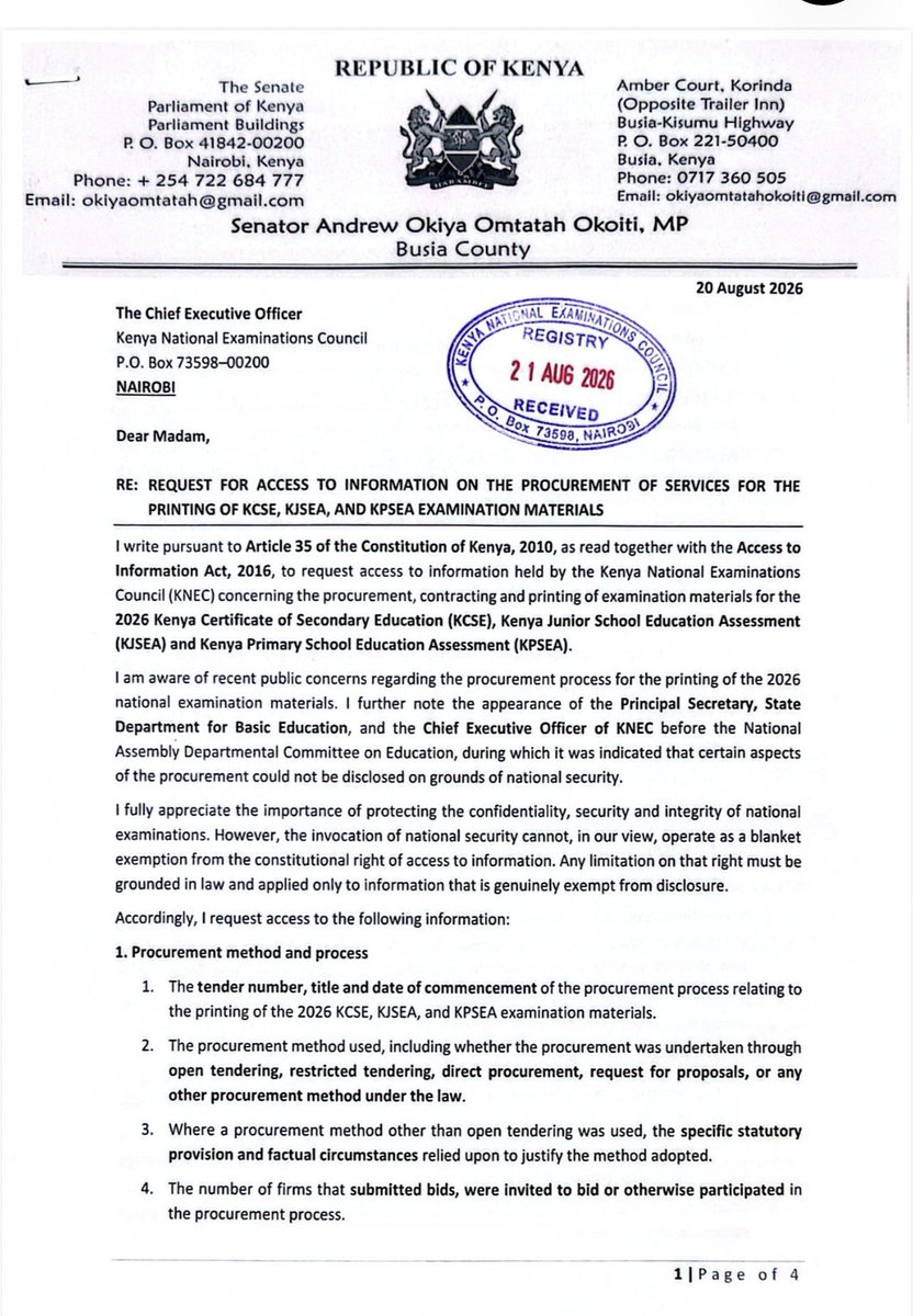 OkiyaOmtatah's tweet photo. I have formally written to @KNECKenya seeking information on the procurement and printing of the 2026 KCSE, KJSEA and KPSEA examination materials.

This is not a request for examination papers or security-sensitive information. It is a demand for transparency on the use of public funds, including the procurement method, bidders, evaluation, successful contractor, contract value, payments, ownership, capacity, subcontracting and tax compliance.

National security cannot become a blanket excuse for withholding information that the law requires public bodies to disclose.

Kenyans have a right to know how public resources are used. Accountability protects, rather than undermines, the integrity of our national examinations. #ReKe