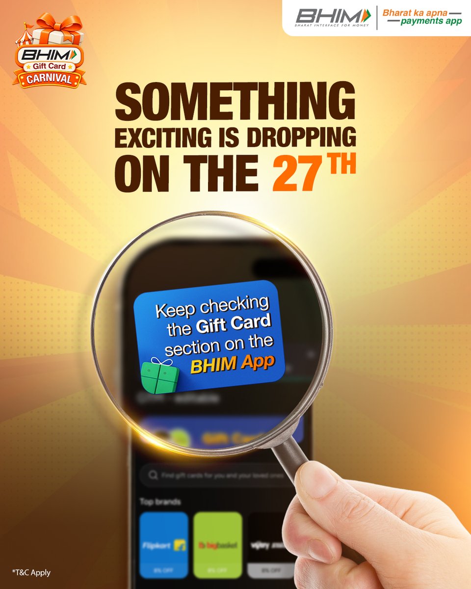 NPCI_BHIM's tweet photo. Something big is coming to your BHIM App on the 27th!
Can you guess what it is? 👀🎁 

Keep your eyes on the Gift Card section from 6 to 10 pm 🥳

#BHIMApp #StayTuned #ComingSoon https://t.co/Fa4f09ZqGt