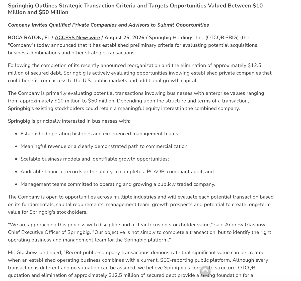 socialstartnow1's tweet photo. $SBIG Springbig Outlines Strategic Transaction Criteria and Targets Opportunities Valued Between $10 Million and $50 Million https://t.co/0gQkdLftjA  #newtothestreet #NASDAQ #AI #health #wsj #nytimes #business #reuters #IHub_StockPosts #forbes #yahoofinance #cnn #bet #foxnews #latimes #MSN #usatoday #barronsonline #mtnewswires #ESPN #WGN #Apple #ir #pr #Newswire #TSLA #NOW #gold #silver #news #Energy
