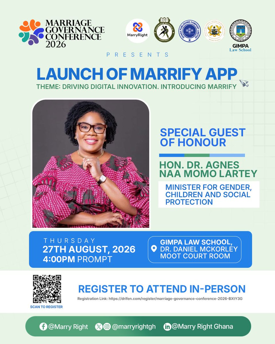 marryrightgh's tweet photo. MarryRight Ghana is honoured to welcome Hon. Dr. Agnes Naa Momo Lartey, Minister for Gender, Children &amp; Social Protection, as our Special Guest of Honour at the MGC26-Marrify Launch.

Don't miss this!
Register 👉 https://t.co/MlvtLdbh4O

#MGC26 #Marrify https://t.co/odv4rGy5o5