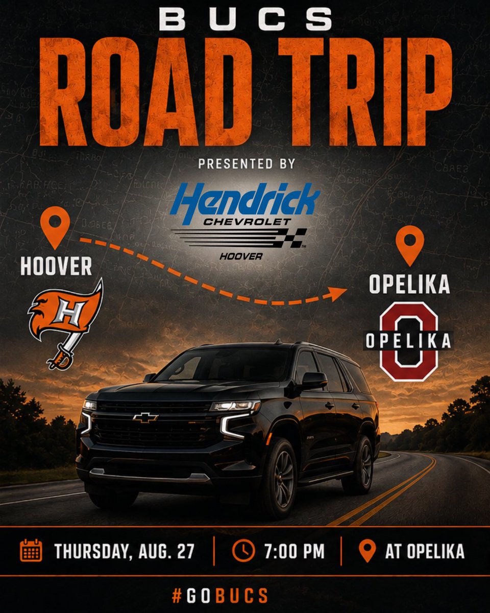 BucsFootball's tweet photo. First road trip of the season. 🏴‍☠️ The Bucs are headed to Opelika this Thursday night.
 
Bucs Road Trip presented by Hendrick Chevrolet of Hoover! https://t.co/w2bGJnzuLF