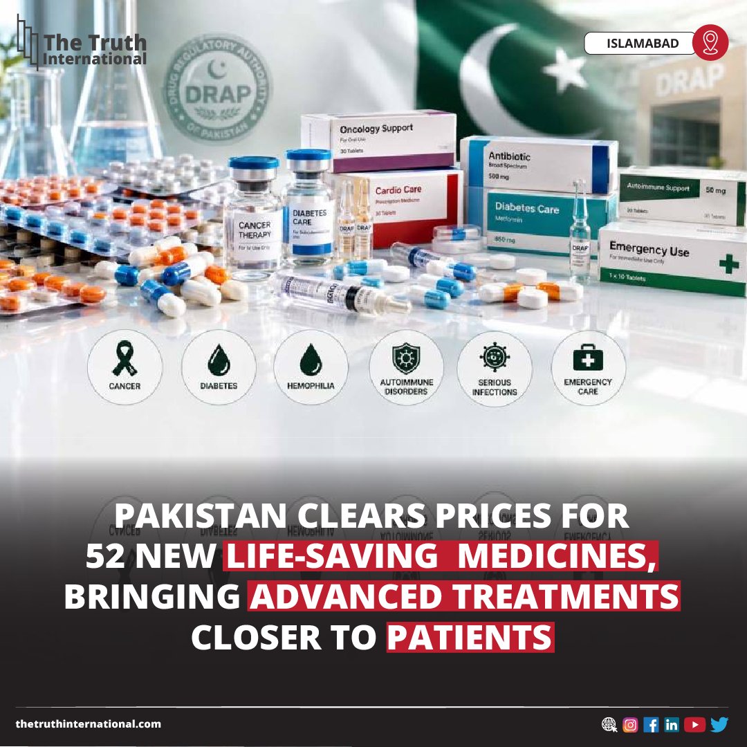 ttimagazine's tweet photo. Pakistan Clears Prices for 52 New Life-Saving Medicines, Bringing Advanced Treatments Closer to Patients
CLICK HERE: https://t.co/0aSJaAiscQ
#Pakistan #Clears #Prices #52New #LifeSaving #Medicines #Advanced #Treatments #Closer #Patients #TTI https://t.co/uvuA3nOVIi