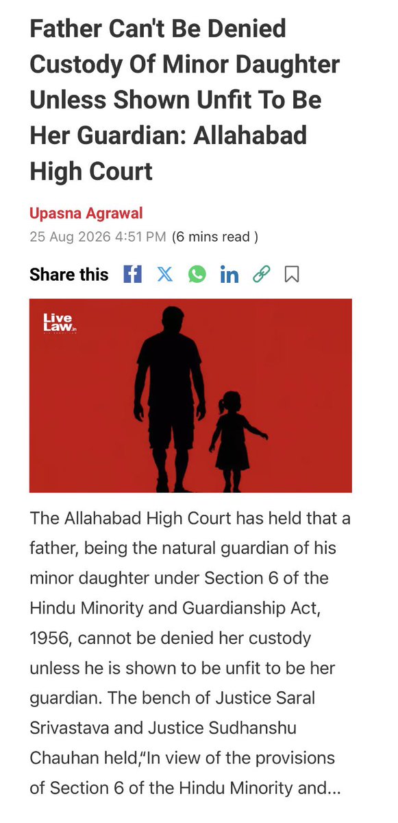SamSiff's tweet photo. 🚨 BIG WIN FOR FATHERS' RIGHTS! 🚨

The Allahabad High Court has delivered a much-needed ruling: A father CANNOT be denied custody of his minor daughter unless proven unfit to be her guardian.

For too long, the family court system has treated fathers as secondary parents by default. 
This ruling, citing Section 6 of the Hindu Minority and Guardianship Act, reinforces that a father is a natural guardian. 

It's a massive step toward ending anti-father bias and leveling the playing field for men fighting to stay in their children's lives. 👨‍👧⚖️