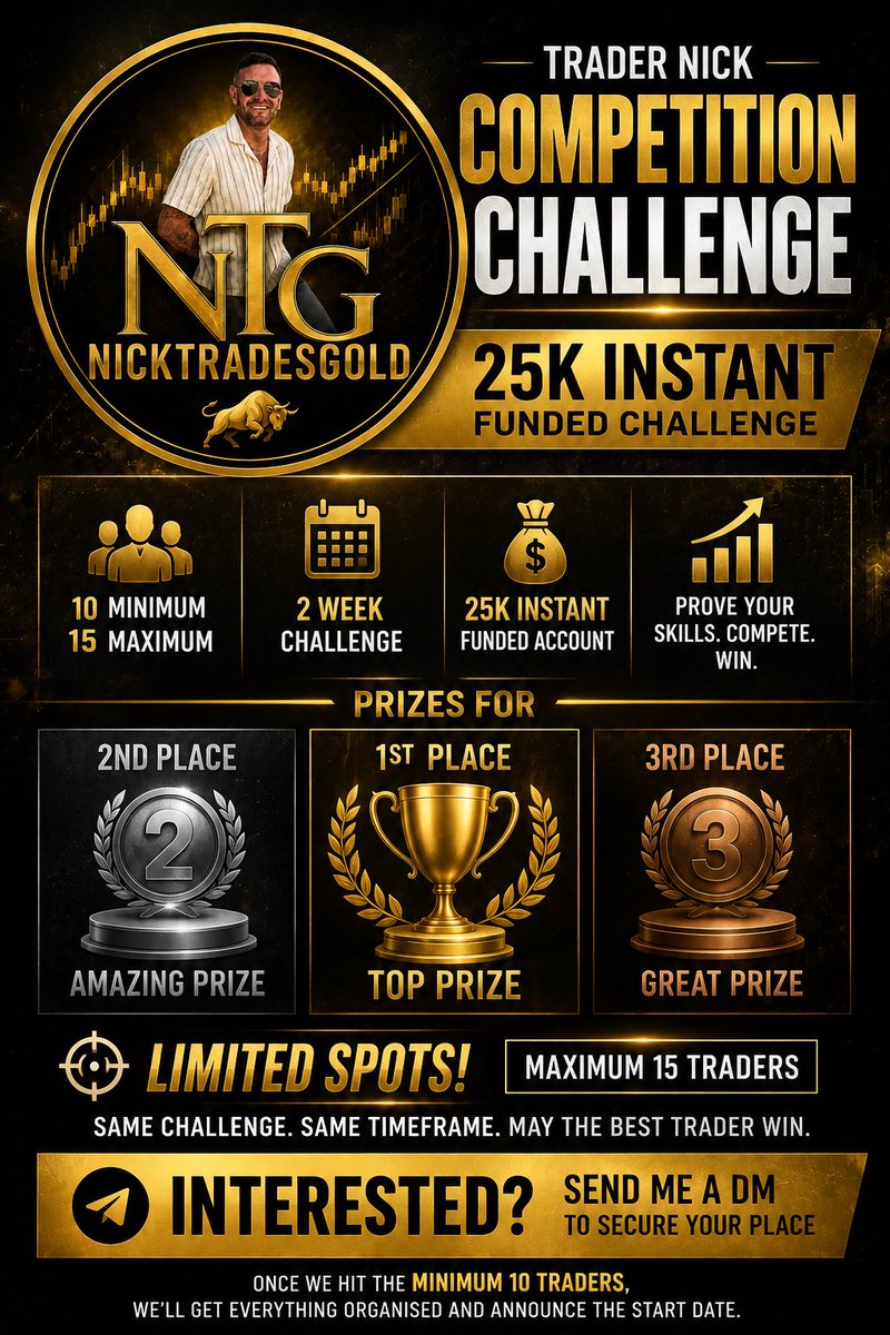 TRADERNICKXAU's tweet photo. 🏆 $25K INSTANT FUNDED TRADING COMPETITION 🏆

Think you can outperform the rest? 👀📈

I’m putting together a 2-WEEK TRADING CHALLENGE using $25K Instant Funded accounts.

👥 Minimum 10 traders
🚨 Maximum 15 traders
⏱️ 2-week competition
🥇 1st Place Prize
🥈 2nd Place Prize
🥉 3rd Place Prize

Same challenge. Same timeframe. May the best trader win. 🏆

Places are LIMITED to 15.

📩 DM me “COMP” if you want a spot.

#TradingCompetition #PropFirm #FundedTrader #GoldTrading #XAUUSD #ForexTrading #DayTrading #TradingChallenge #TraderNick #NickTradesGold