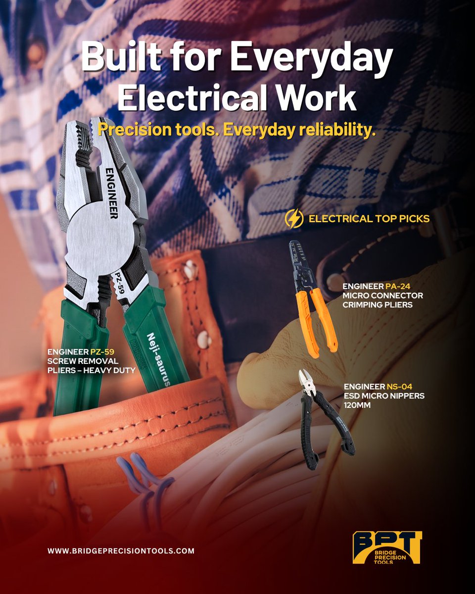 BridgePrecision's tweet photo. Reliable tools for electricians and trade professionals who demand performance on every job.

Featured Products:
PZ-59 Screw Removal Pliers https://t.co/kg38aPmtNj
PA-24 Micro Connector Pliers https://t.co/n0rmGHDiDS
NS-04 ESD Micro Nippers https://t.co/2MlGUZaImo

Shop today. https://t.co/5mleXzwlSO