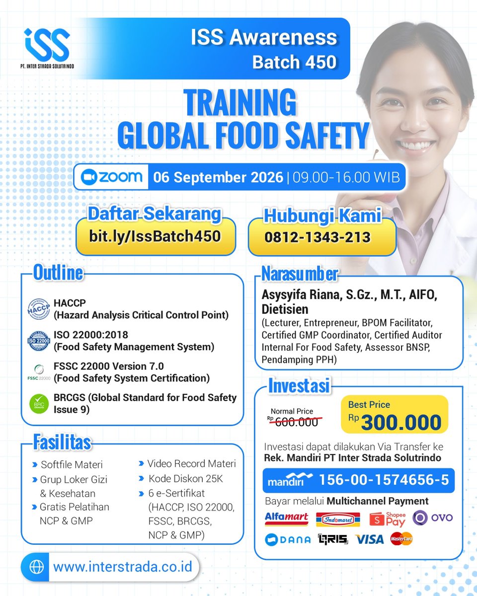 Interstrada_id's tweet photo. 𝗢𝗻𝗹𝗶𝗻𝗲 𝗧𝗿𝗮𝗶𝗻𝗶𝗻𝗴 𝗚𝗹𝗼𝗯𝗮𝗹 𝗙𝗼𝗼𝗱 𝗦𝗮𝗳𝗲𝘁𝘆 𝗕𝗮𝘁𝗰𝗵 𝟰𝟯𝟴 𝟭𝟮 𝗝𝘂𝗹𝗶 𝟮𝟬𝟮𝟲

Yuk join event-event kami selanjutnya, 

𝗘𝘃𝗲𝗻𝘁 𝗯𝗲𝗿𝗶𝗸𝘂𝘁𝗻𝘆𝗮 𝗠𝗶𝗻𝗴𝗴𝘂, 𝟬𝟲 𝗦𝗲𝗽𝘁𝗲𝗺𝗯𝗲𝗿 𝟮𝟬𝟮𝟲 𝗕𝗮𝘁𝗰𝗵 𝟰𝟱𝟬

https://t.co/pHV2GuZsqu https://t.co/4Zxz2MREhC