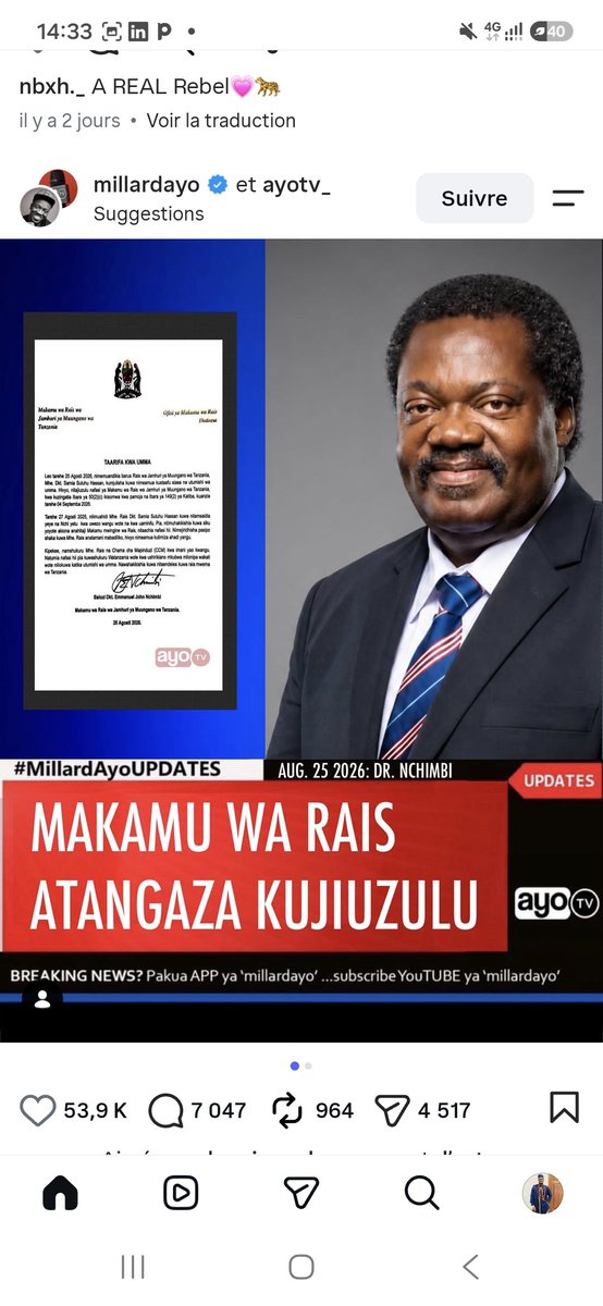BCirhakarhula's tweet photo. Urgent: le vice president de la #Tanzanie vient de démissionner de la fonction de #vice-président du pays  
Rappelons-nous qu'il du parti Politique #CCM avec la Président #SAMIA #SULUHU #HANSAN https://t.co/QrOsuCasfn