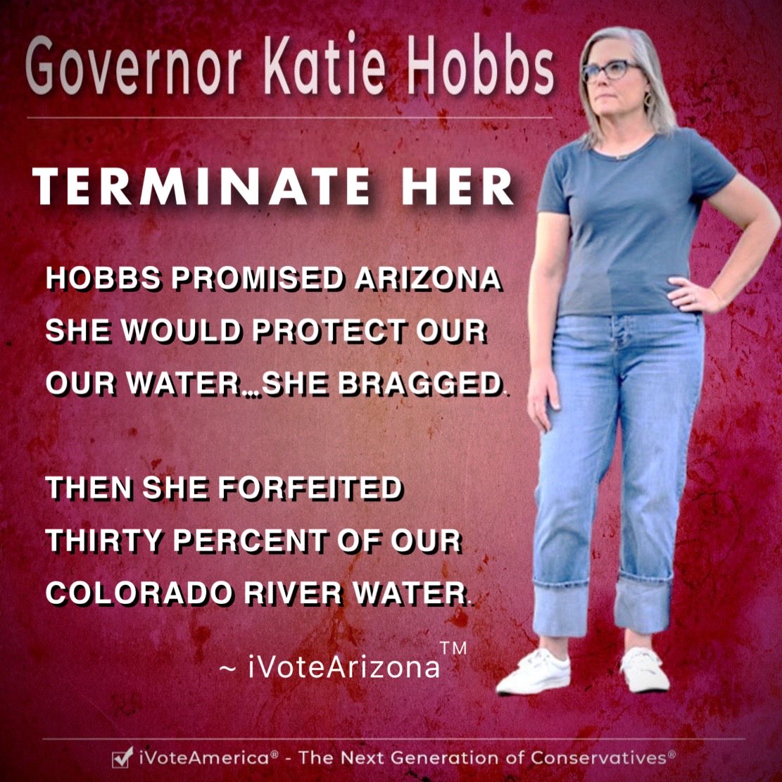 iVoteArizona's tweet photo. HOBBS PLAYED THE WATER HERO: THEN SHE LOST

Let me remind you that a few months ago @GovernorHobbs took to the political airwaves to flex and brag about cancelling Saudi water leases. She told Arizona how tough she was. She pontificated about her prowess as the protector of Arizona’s water supplies. She told us she would never give up Arizona’s water. Fast forward to reality.

Now we know that same braggadocios Governor folded, and has guaranteed that Arizona will forfeit 30% of its Colorado River water allocation, the highest cut among the three lower-basin states of Arizona, California, and Nevada.

As of this post, no one knows what the long term outcome of the Hobbs water blunder is going to be. For sure, lawsuits will fly, assuming @AZAGMayes can focus on litigation that matters.

What does the Hobbs water blunder mean? Clearly, Arizona is painted into a corner from which it must extricate itself. With an election just 70 days away, now more than ever, voters will need to ask themselves if they want to continue to bet on @katiehobbs and @krismayes, given their manifest ineptitude during the federal water negotiations.

My opinion is that Arizona can no longer trust the negotiating skills of the Hobbs/Mayes duo and it’s time to elect new leadership.

By electing Andy Biggs (@andybiggs4az) for Governor and Warren Petersen (@votewarren) for Attorney General we will have two capable leaders who will renegotiate the restoration of Arizona’s Colorado River water allocation.