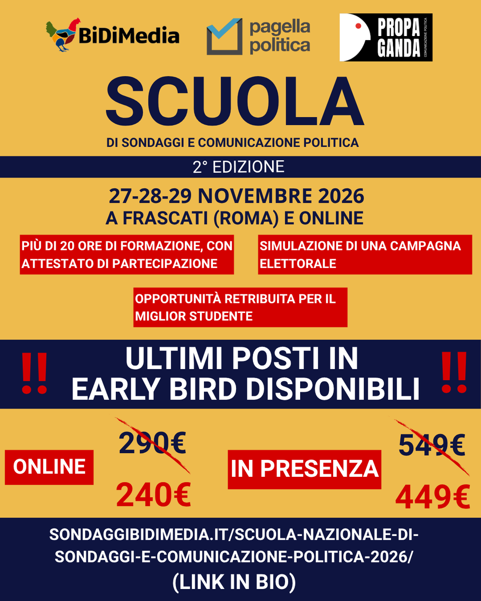 SBidimedia's tweet photo. 🔜 Ancora per pochi giorni prezzi scontati alla nostra scuola di Sondaggi e Comunicazione Politica, sbrigati ad iscriverti!

per iscriversi👇🏻
https://t.co/xbMApdlRtJ https://t.co/4cfidGM8H2