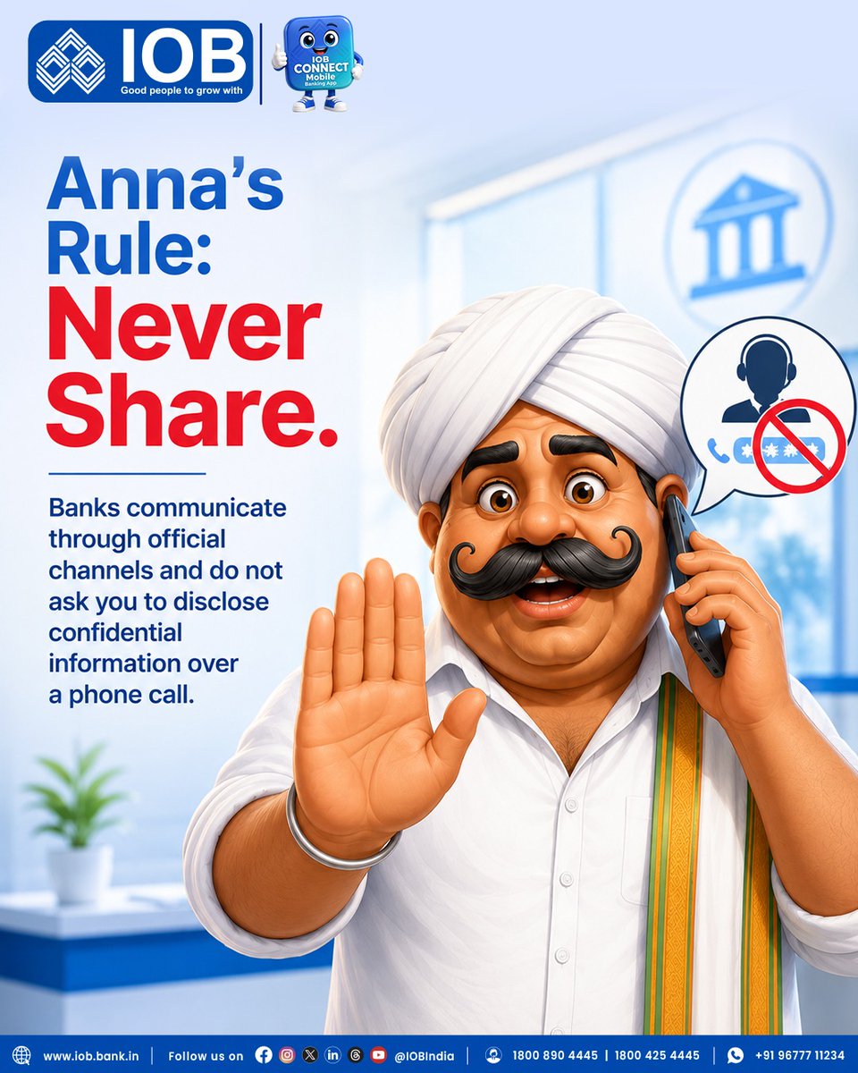 IOBIndia's tweet photo. A message warning that your account may be blocked could be a scam designed to rush you into action.
Pause, verify through official channels, and never disclose sensitive banking information.
#IOB #IndianOverseasBank #StayAlert #FraudAwareness #CyberSafety #BankingSafety #DigitalSafety #GoodPeopleToGrowWith #RBI #DFS #IOBForyou