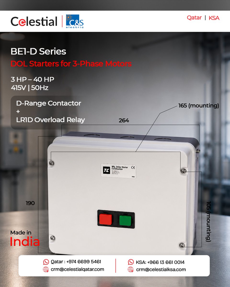 Celestial_trd's tweet photo. BE1-D Series DOL Starters offer reliable motor starting with overload, single-phase and unbalanced voltage protection. 

Available through Celestial Trading across Qatar &amp; Saudi Arabia.

#CSElectric #DOLStarter #MotorControl https://t.co/WALEbxC4Tz