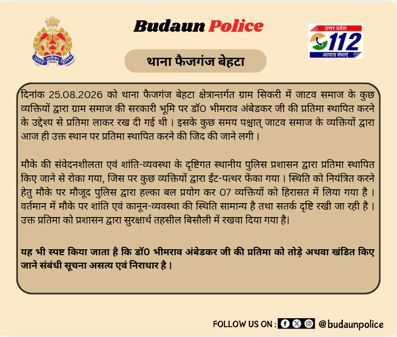 budaunpolice's tweet photo. थाना फैजगंज बेहटा क्षेत्रान्तर्गत ग्राम सिकरी में जाटव समाज के कुछ व्यक्तियों द्वारा सरकारी ज़मीन पर बिना अनुमति क़ब्ज़ा करने के उद्देश्य से डॉ0 भीमराव अंबेडकर जी की प्रतिमा स्थापित करने का प्रयास करने पर पुलिस बल द्वारा 07 व्यक्तियों को हिरासत में लिये जाने के संबंध में। https://t.co/zBuBismMX9